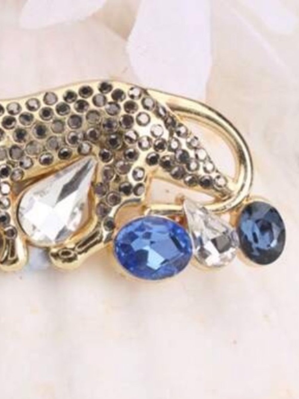 Gold Leopard Brooch with Blue and Clear Crystals - Picture 7 of 7